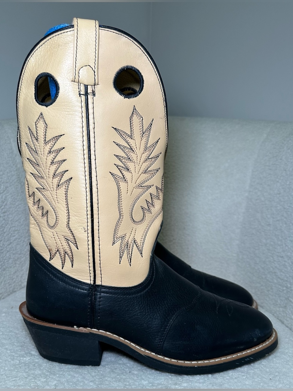 Vintage USA Black Cream Western Cowboy Boots Leather Pull On Embroidered Boho 9